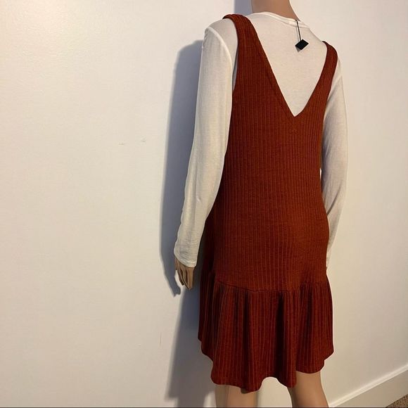 Long Sleeved Layered Dress Autumn Copper Brown and Cream Colored Undershirt - Picture 6 of 9